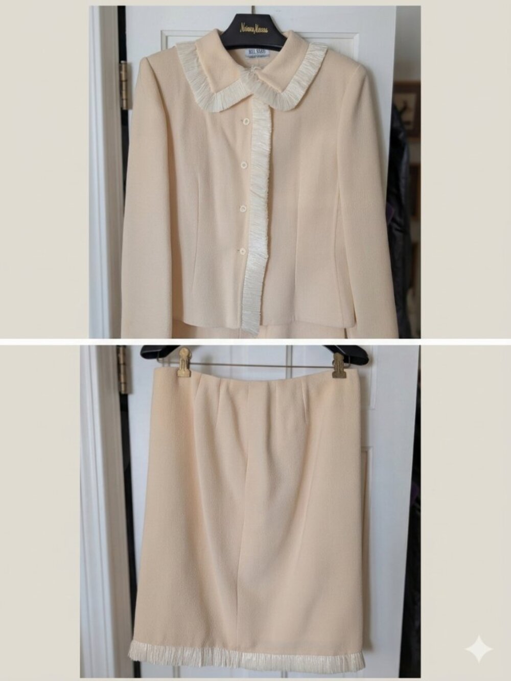 VTG Bill Blass Skirt Suit Set NWOT Cream Peach Wool Crepe Tailored Blazer 6/8